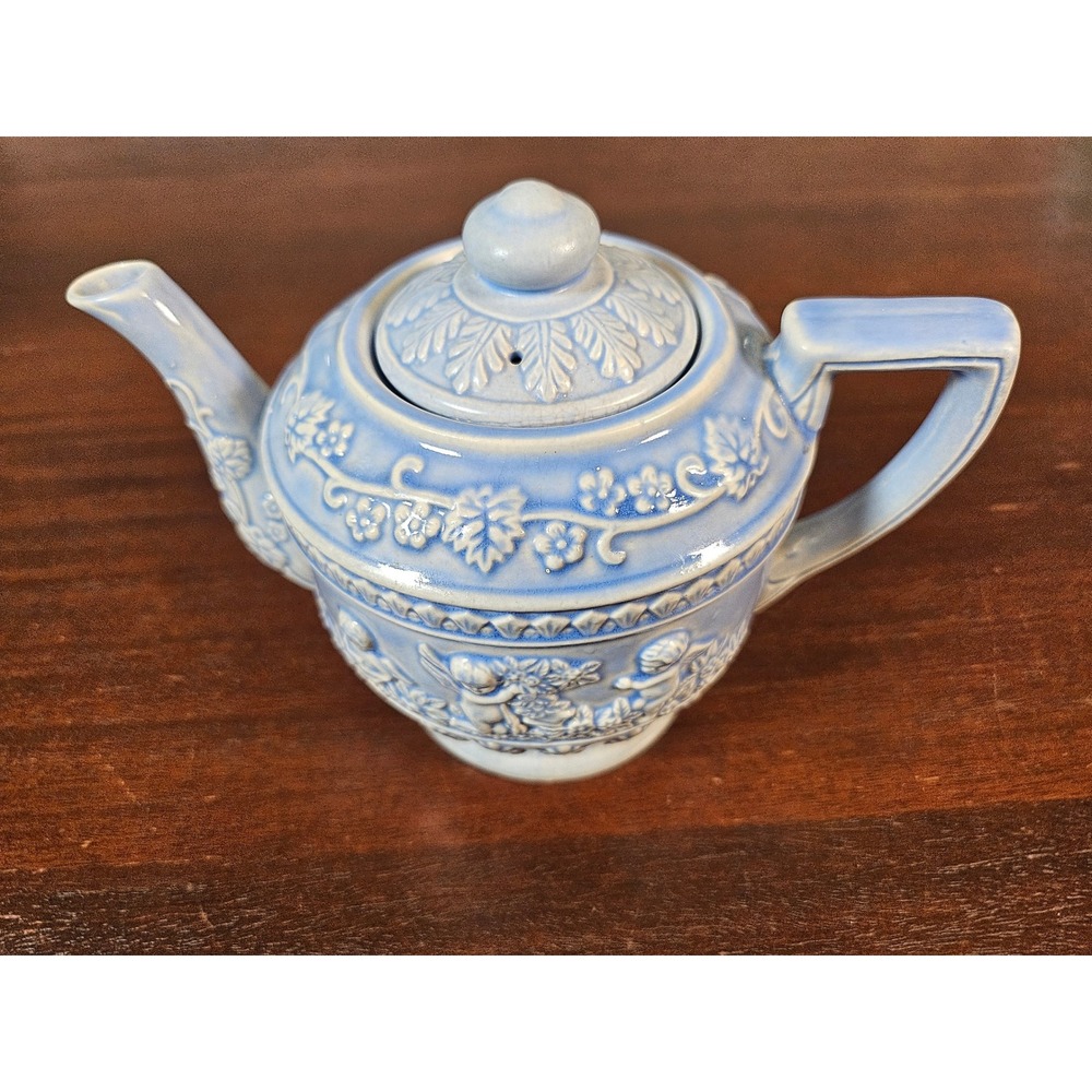 Teapot Unisex Small Blue Cherub Relief Floral Ceramic Made in Japan